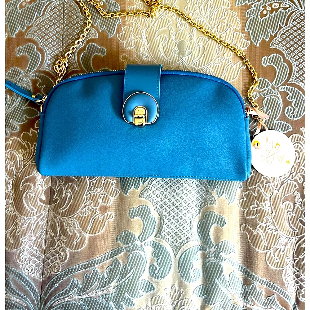 Blue  Structured Leather Wristlet with Metal Clasp